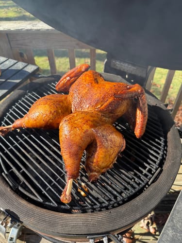Customer's spatchcocked turkey, prepared with the Turkey Brine Kit, cooking on a round kamado grill.