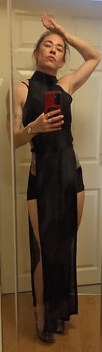 Customer photo review of Sleeveless hoodie low cut slit self tie turtle neck see through maxi dress cyberpunk Sci-Fi punk Fashion cyberpunk Sci-Fi Fashion