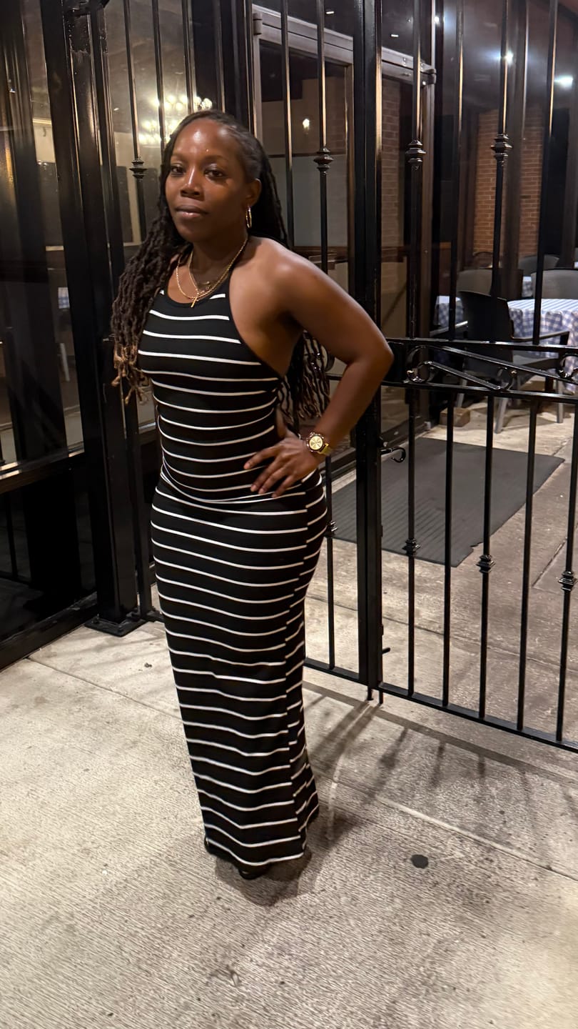 Customer photo review of Verona Stripe Mock Neck Maxi Dress
