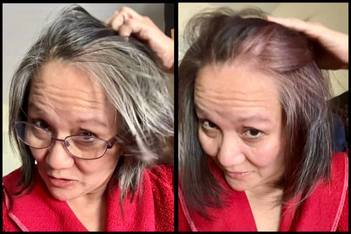 Reviewer's before-and-after hair. Left shows grey roots; right shows hair dyed reddish-brown with Instant Dye Shampoo.