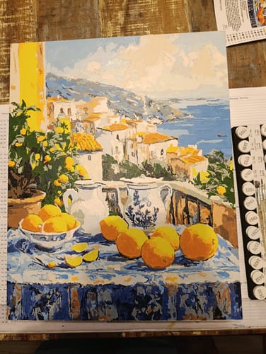 Ein Kunde zeigt sein fertiges 'Malen nach Zahlen'-Gemälde mit dem Motiv 'Orangen mit Aussicht'.