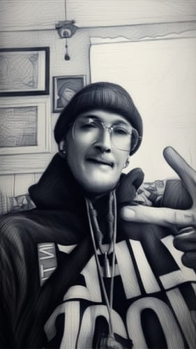 A stylized, black and white photo of the reviewer wearing a beanie and glasses, making a hand gesture.