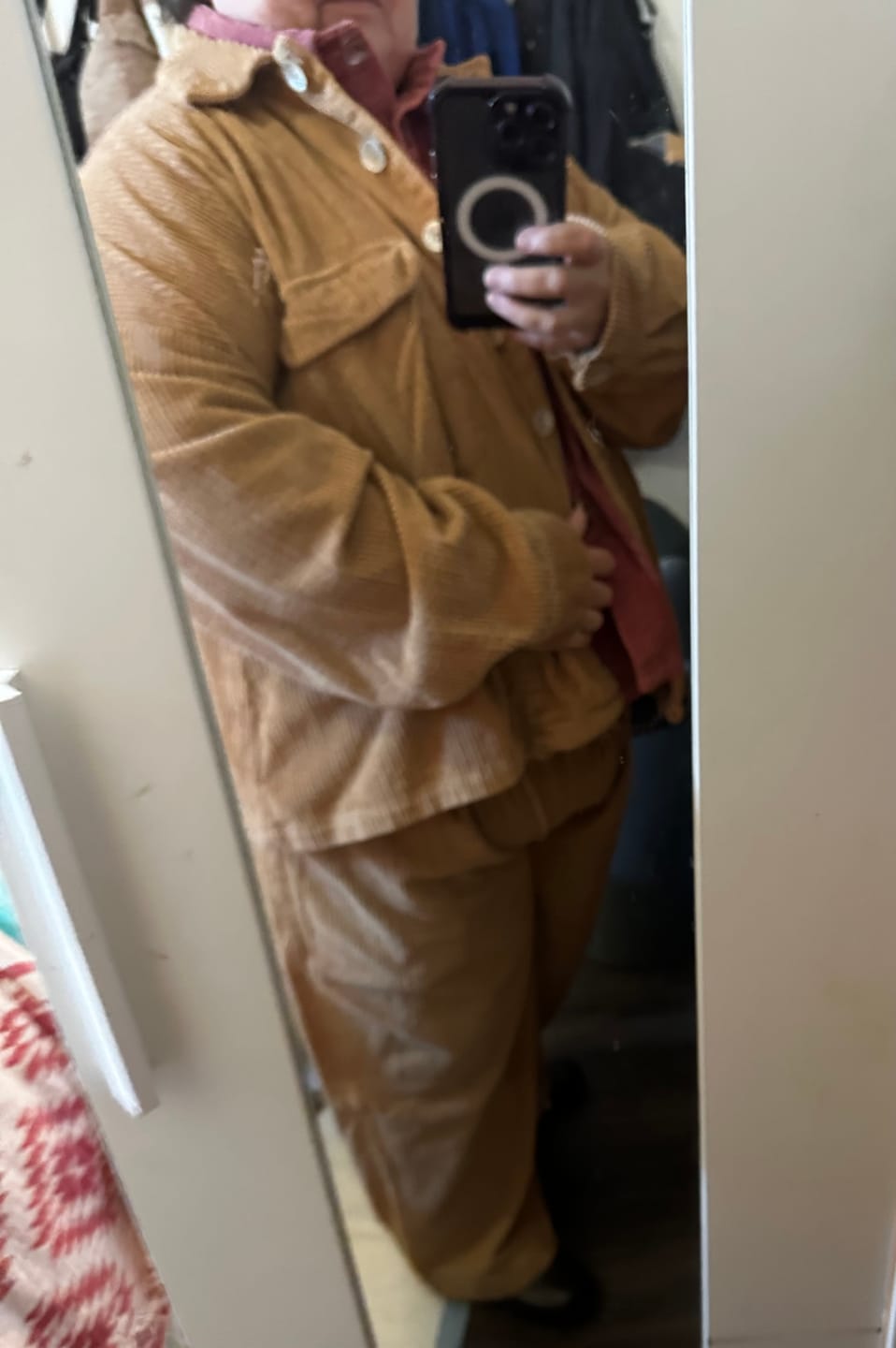 Customer photo review of Beige Warm Cotton Corduroy Patch Pocket Button-Down Shacket