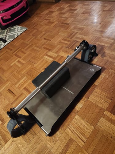 Customer's 38" Black Band set up on a portable deadlift platform with a bar, ready for a workout.