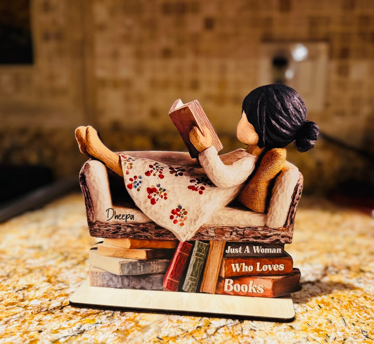 Customer photo review of Man Woman Book Lover Reading Book On Sofa - Personalized Standing Wooden Plaque