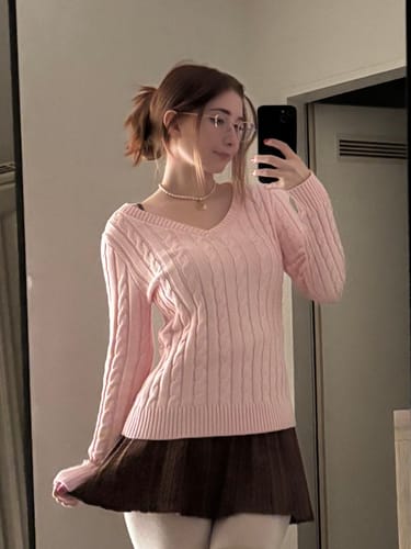 Customer photo review of Love Letter Cable Knit V Neck Sweater (Pink)