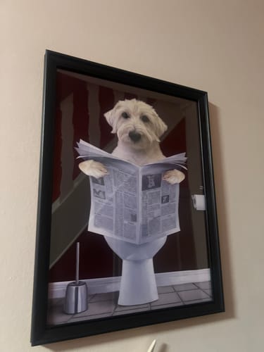 Recensent toont een ingelijst Toiletportret van een witte hond die op het toilet een krant leest.