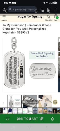 Customer's screenshot of the product listing for the engraved 'To My Grandson' Personalized Keychain.