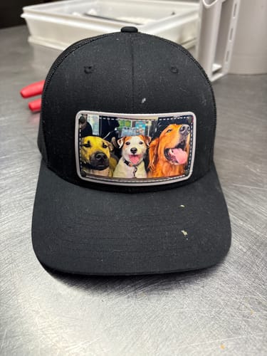 Customer's black Pet Image Hat featuring a custom photo patch of three dogs on the front.