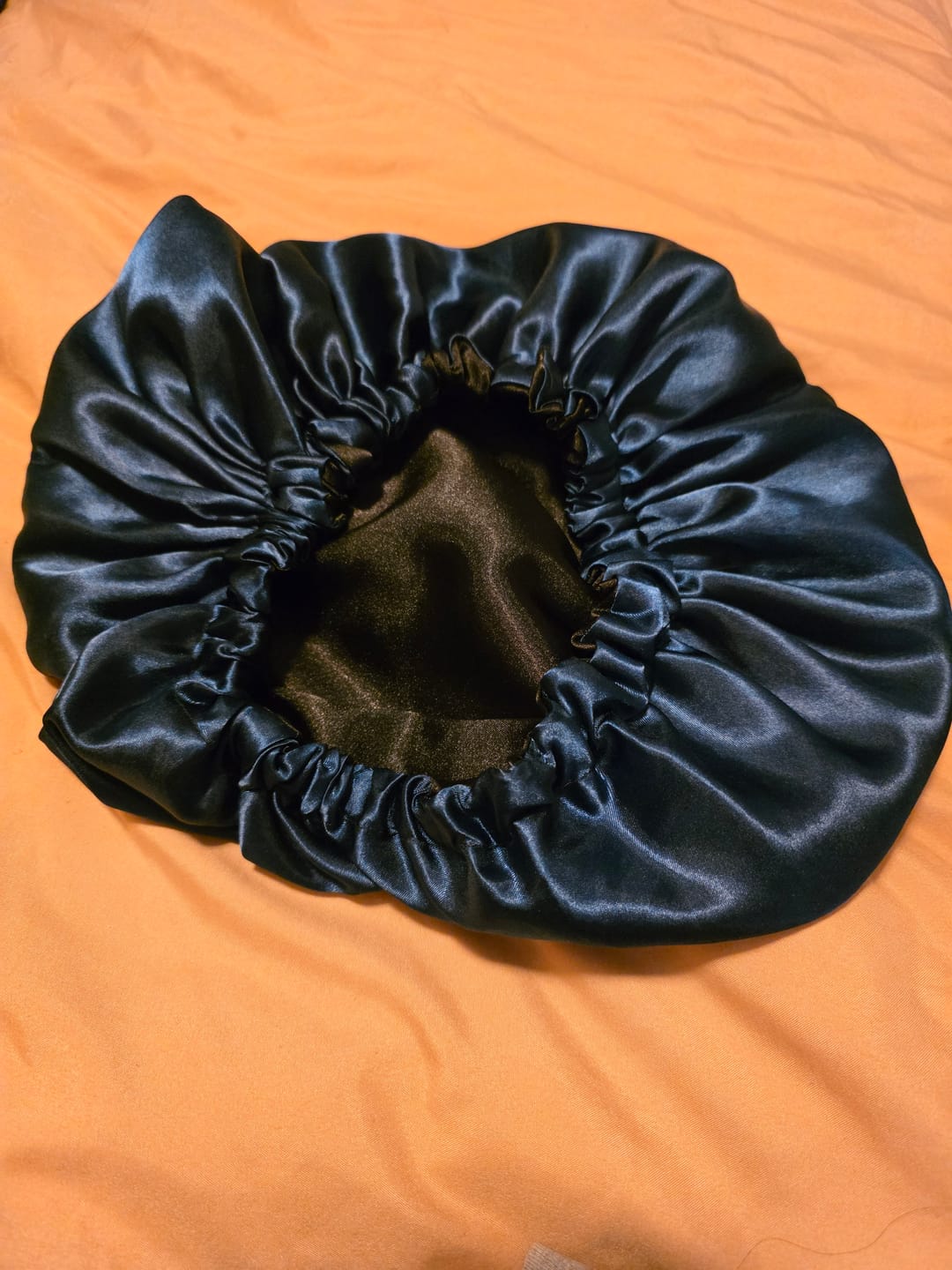 Customer photo review of Teal Black Double Layered Satin Bonnet