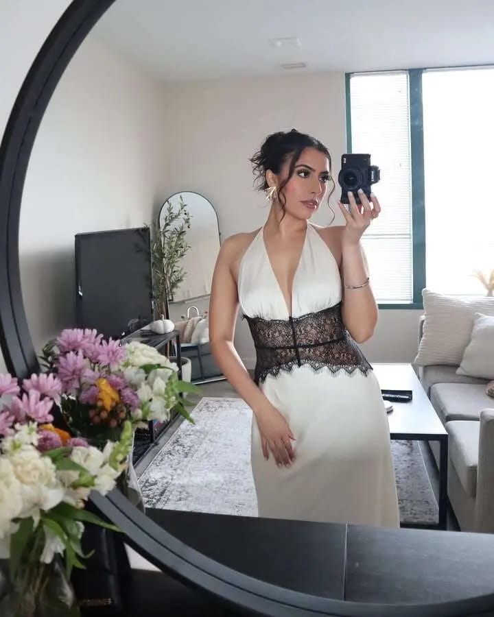 Customer photo review of Danna Satin Lace Waist Backless Dress
