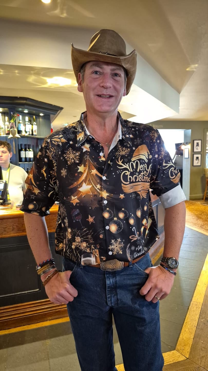 Customer photo review of Men's Golden Merry Christmas Champagne Print Long Sleeve Shirt