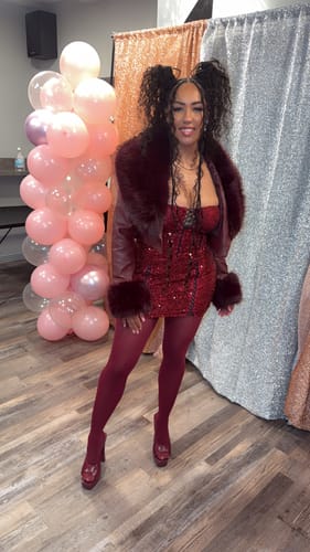 Customer photo review of GISELE-BURGUNDY FAUX FUR JACKET