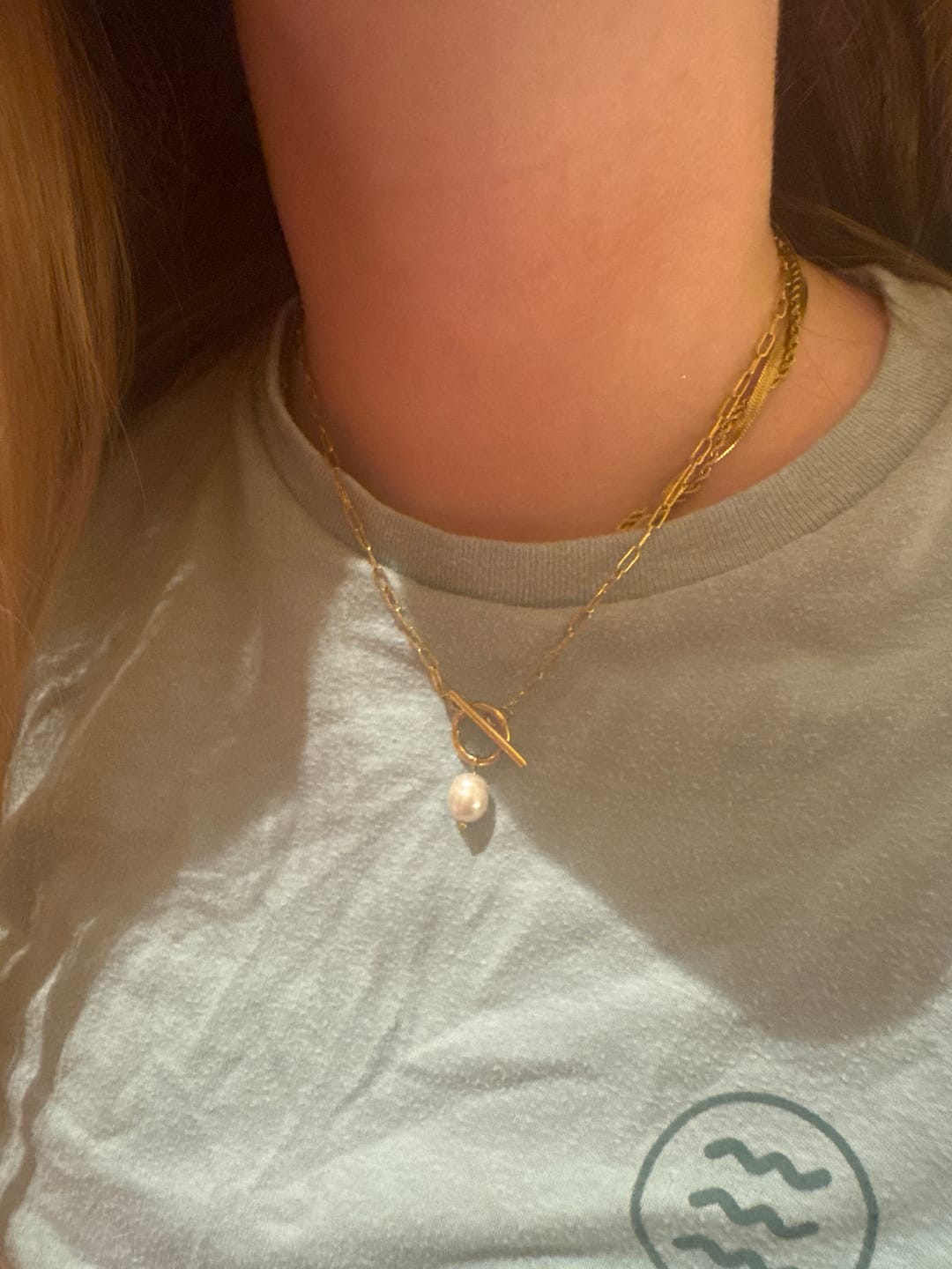 Customer photo review of Eva Freshwater Pearl Gold Necklace