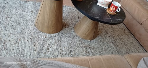 Recensent toont het zandkleurige Theko Alm-Glück natuurtapijt in een woonkamer.