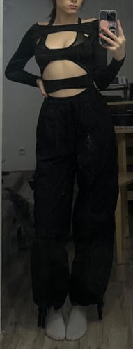 Customer photo review of Hollow out solid long sleeve off shoulder mesh bodysuit