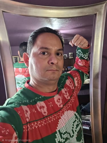 Reviewer taking a mirror selfie while flexing in the Feliz Luchadores Navidad Sweatshirt.