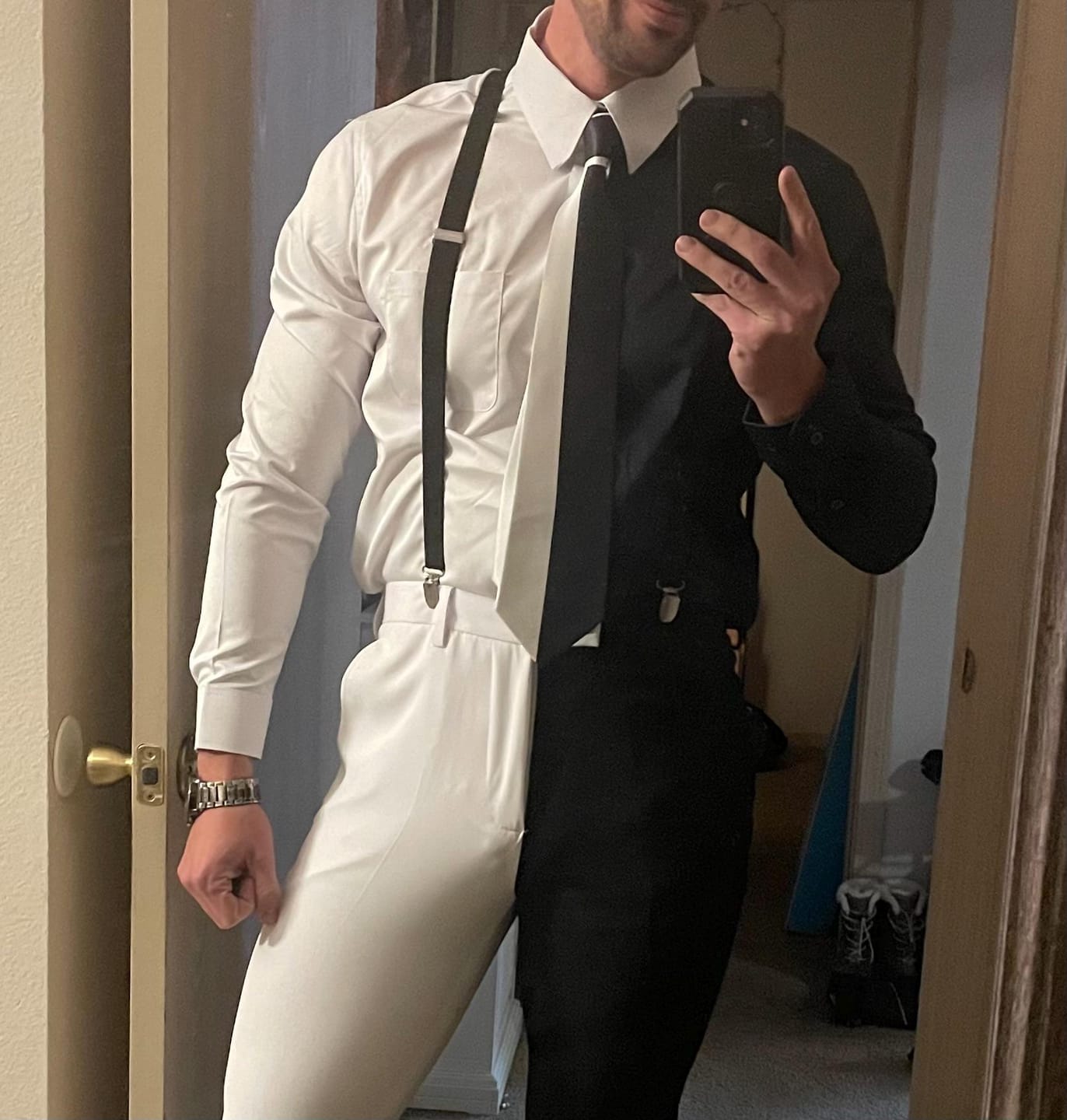 Customer photo review of Half Black Half White Long Sleeve Men Button Up Shirt, Color Block Split Two Tone Combo Print Buttoned Collared Dress Shirt Chest Pocket