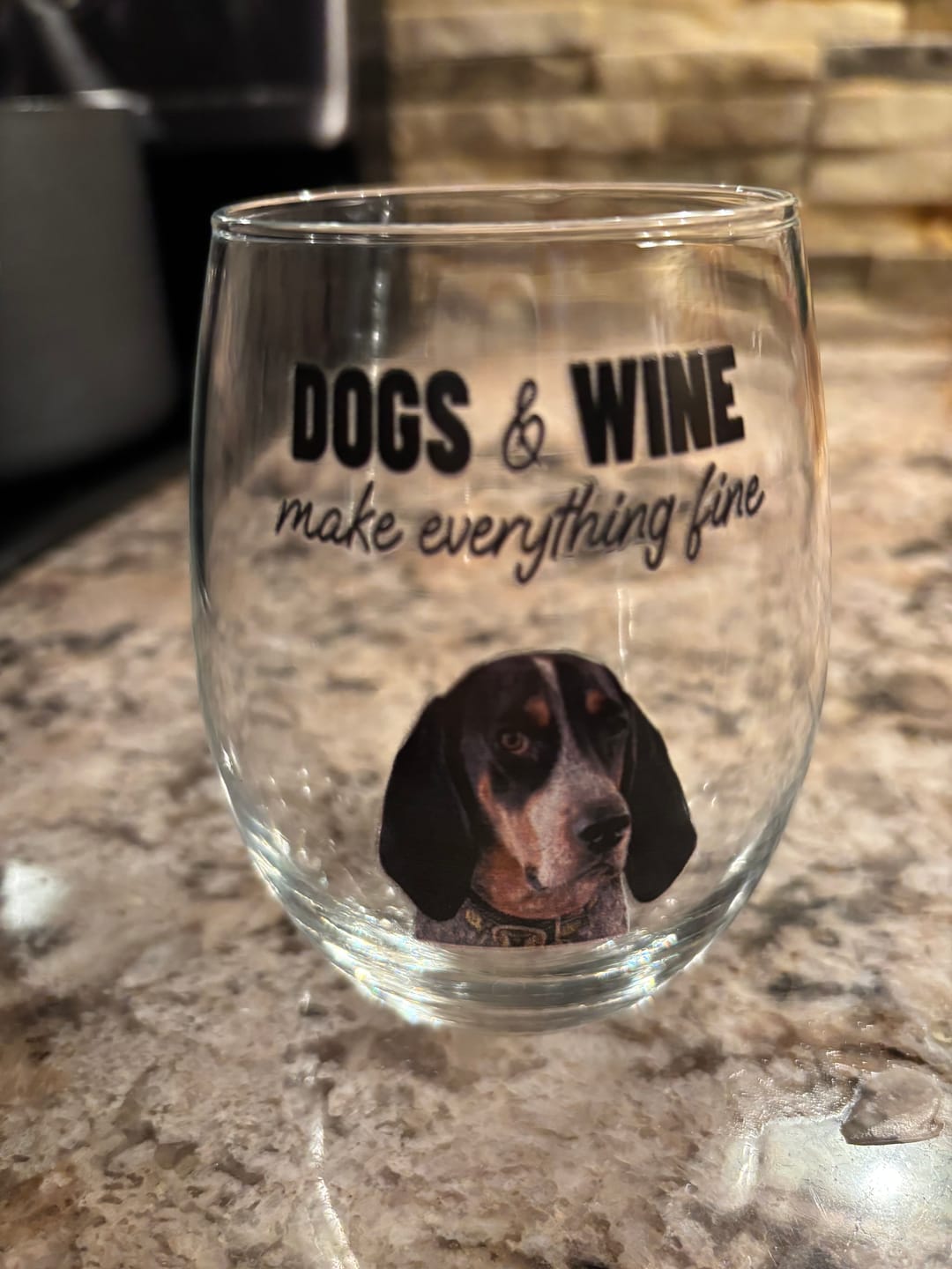 Customer photo review of Pets & wine make me fine -  Personalized Wine Glass