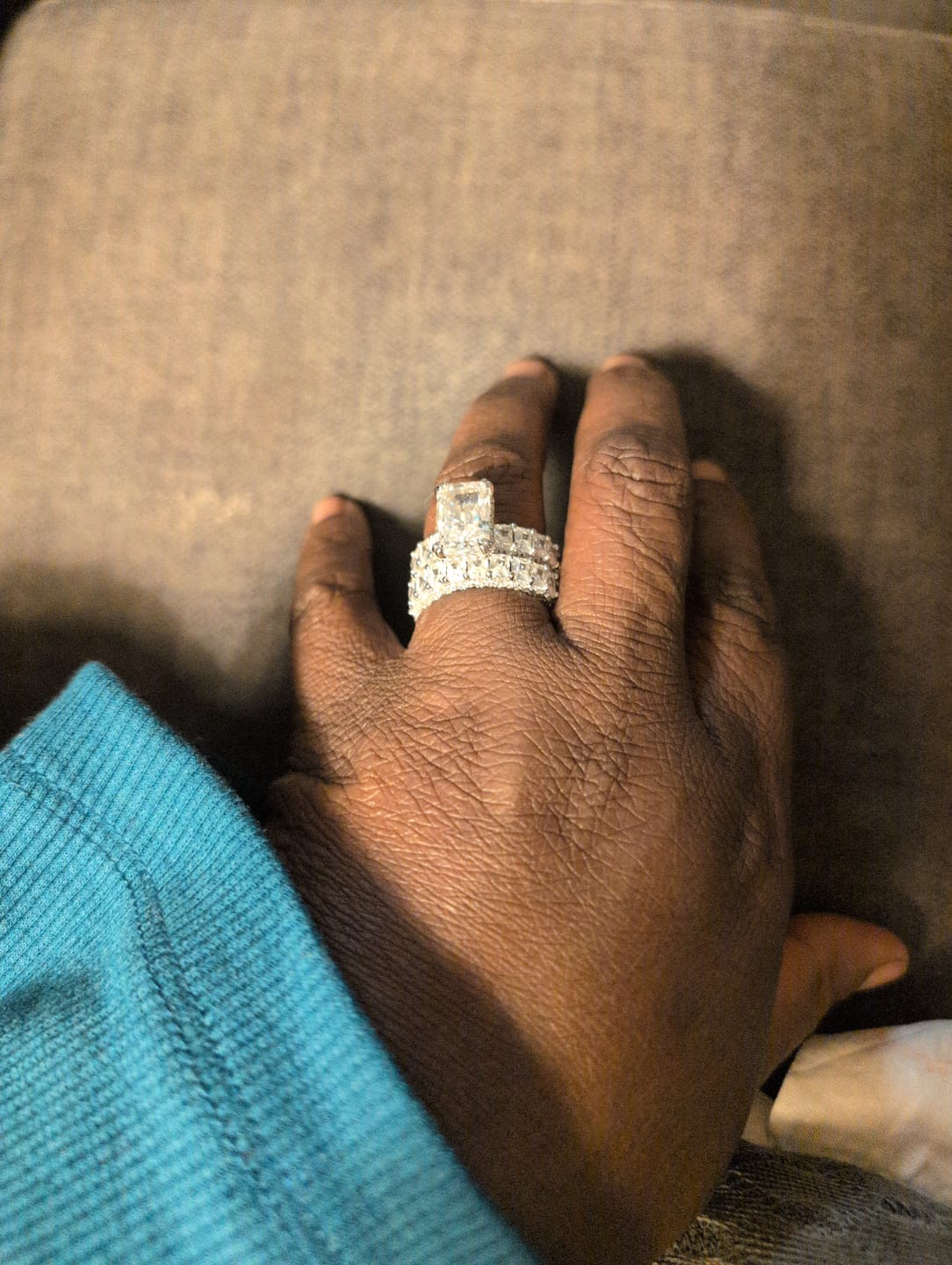 Customer photo review of Glistening-hued Radiant Cut 5.0ct Pave 925 Sterling Silver Wedding Ring Set