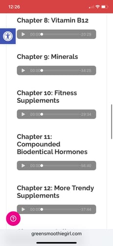 Reviewer's screenshot of the 'Take Daily' audiobook player, showing the table of contents for chapters 8 through 12.