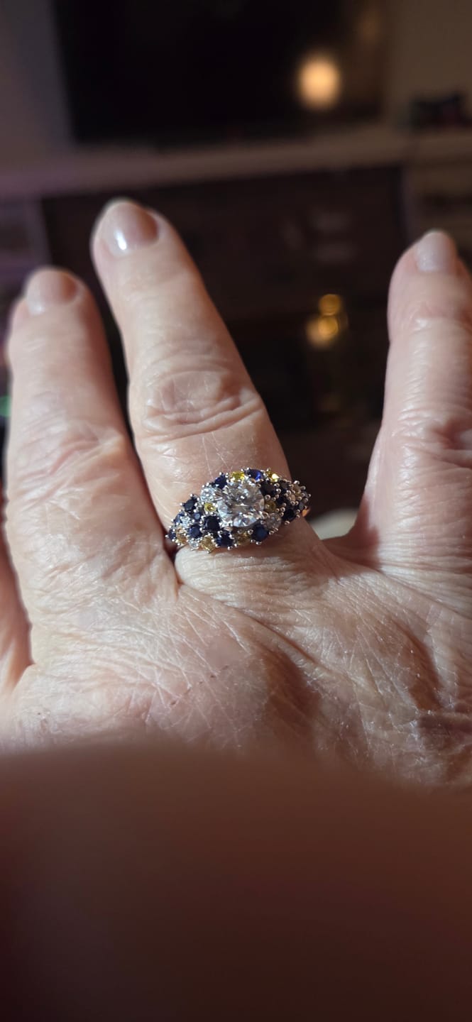 Customer photo review of "Starry Night" Moissanite Blue & Yellow Sapphire Cluster  Engagement Ring