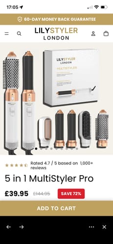 Customer's screenshot of the advertised 5 in 1 MultiStyler Pro product page, showing a white and rose gold device with attachments.