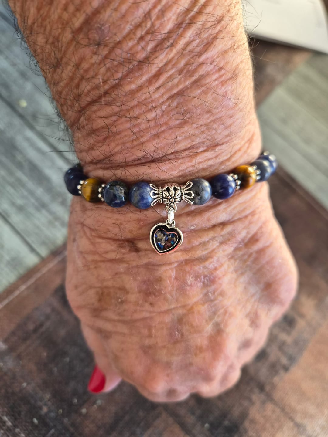 Customer photo review of Tiger Eye and Sodalite Healing Bracelet with Cremation Ashes