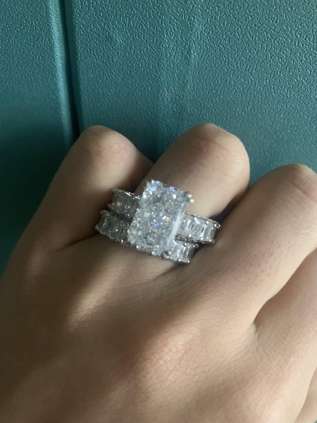 Customer photo review of Glistening-hued Radiant Cut 5.0ct Pave 925 Sterling Silver Wedding Ring Set