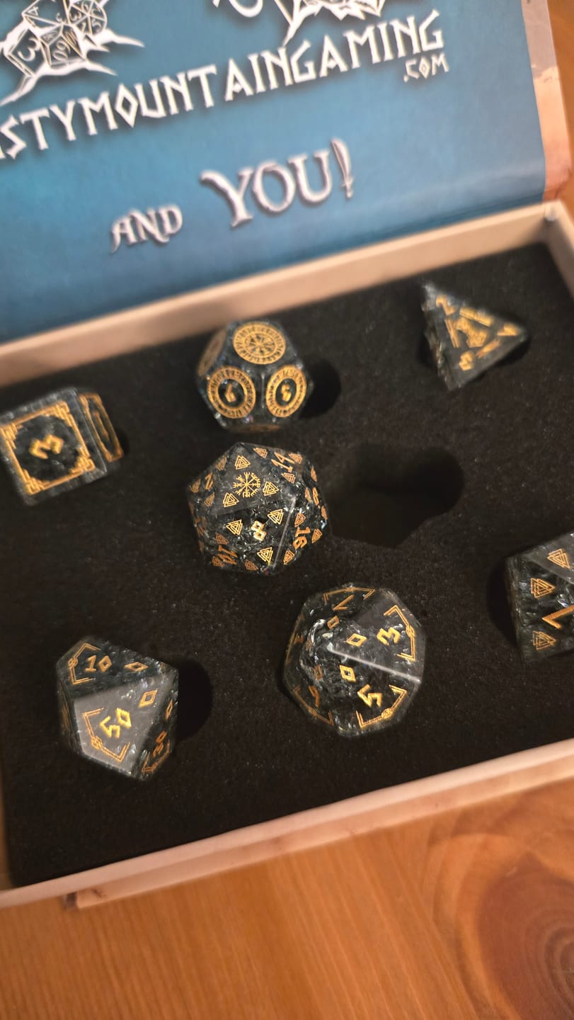 Customer photo review of Nordic Black Shattered Glass Dice Set - Dice Around the World Collection