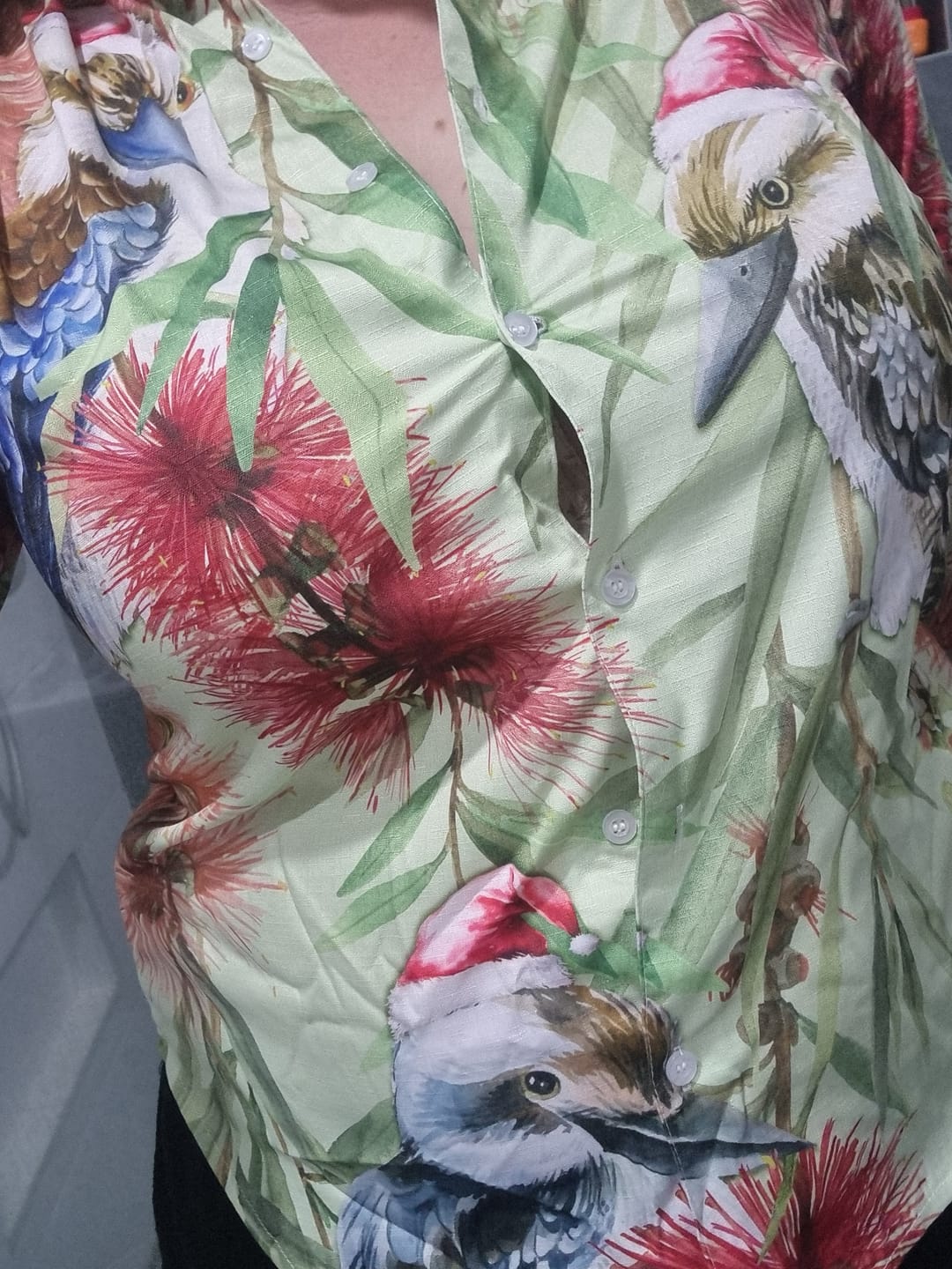 Customer photo review of Australia Christmas Women Casual Shirt Kookaburra Santa on Callistemon - Pastel LT7