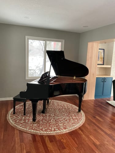 Reviewer's round, rust-colored floral rug under a baby grand piano.