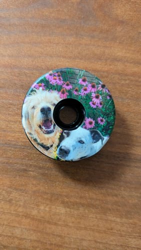 Customer's custom topcap with a colorful printed picture of two dogs and flowers.