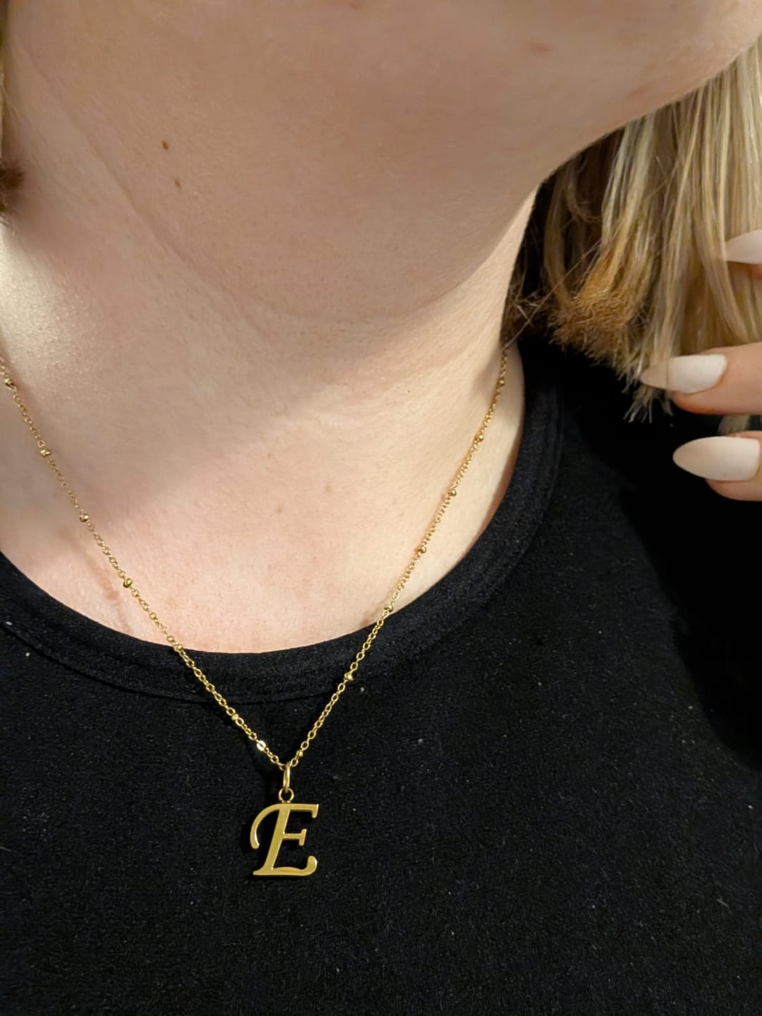 Customer photo review of E Script Initial Necklace + FREE Allure Hoops Gold