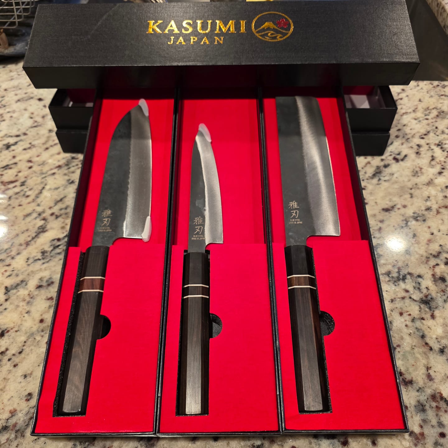 Customer photo review of Essential Japanese Knife Set – Blue Steel Blades, Ebony Wood Handles (Santoku, Nakiri, Petty)