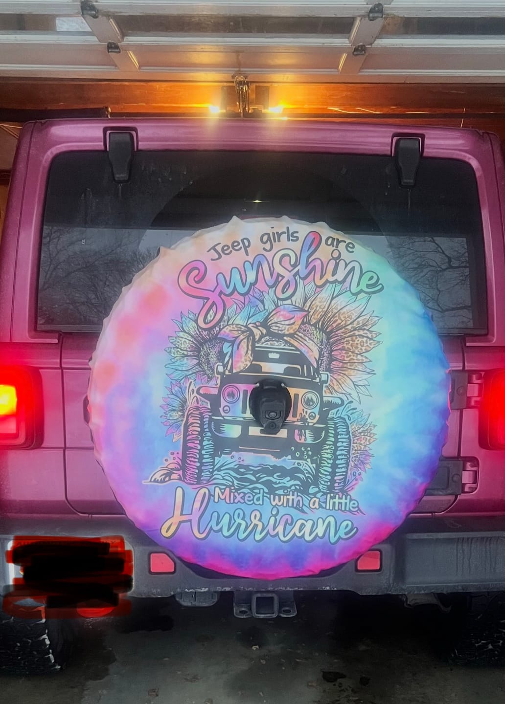 Customer photo review of Jeep Girls Are Sunshine Tie Dye Automotive Spare Tire Cover