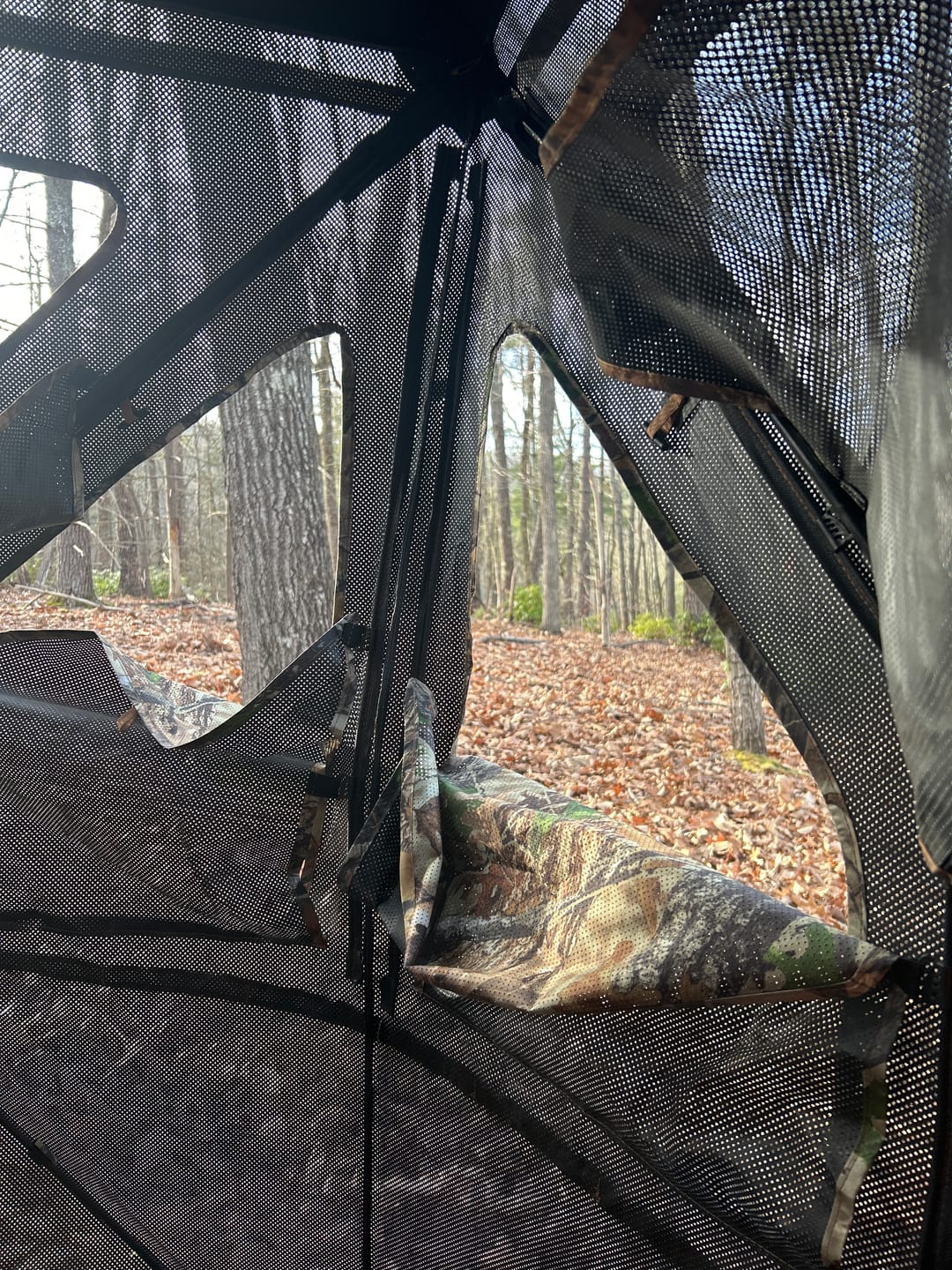 Customer photo review of Vis360 See Through Ground Blind | 360° Camouflage Pop Up Hunting Blind for 2/3/4 Person | Portable Deer Blind with Orange Cover