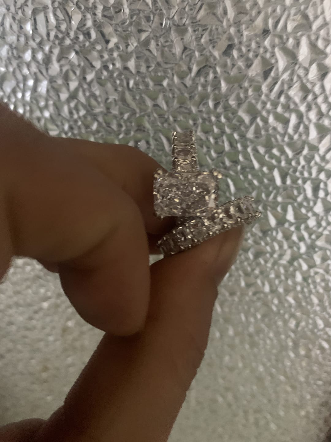 Customer photo review of Glistening-hued Radiant Cut 5.0ct Pave 925 Sterling Silver Wedding Ring Set