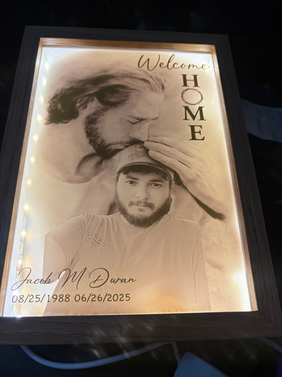 Customer photo review of Personalized Photo Memorial Welcome Home, Safe In Arms Of Jesus Sympathy Gift Loss Loved One Frame Light Box