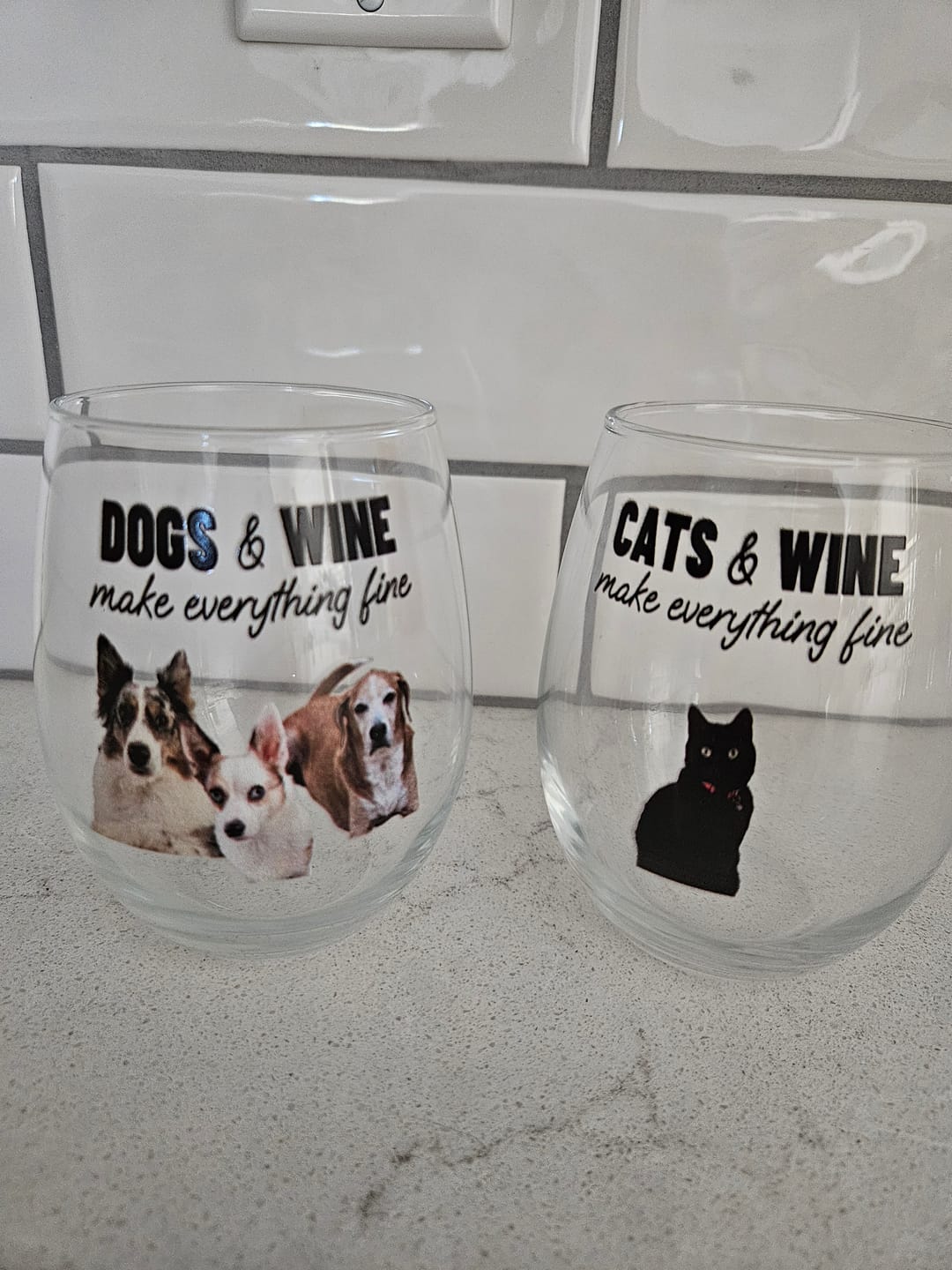 Customer photo review of Pets & wine make me fine -  Personalized Wine Glass