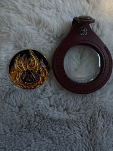 Reviewer's 30 Days Sobriety Medallion with a Twisted Flames design, resting on a fluffy surface next to a leather pouch.