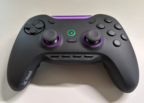 購入者による、黒いVoid GENESISコントローラー。紫色のアクセントと中央の追加ボタンが写っています。
