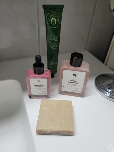 Customer's Barrier Protection Routine skincare set arranged on a bathroom counter.