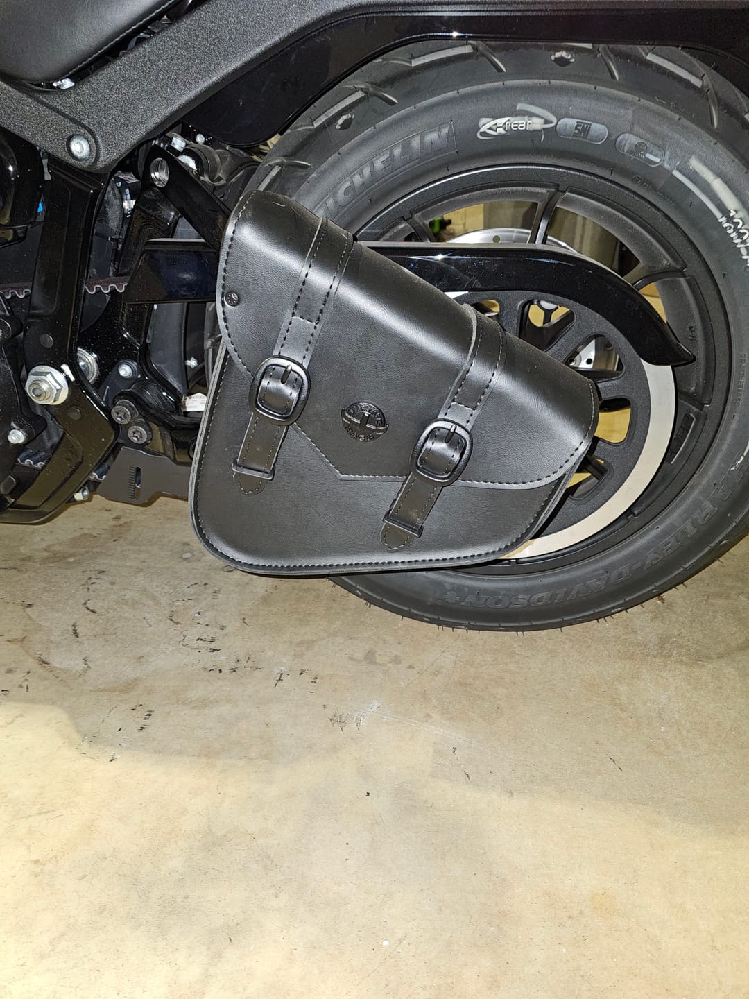 Customer photo review of 3L - Dark Age Plain Leather Motorcycle Swing arm Bag For Harley Softail