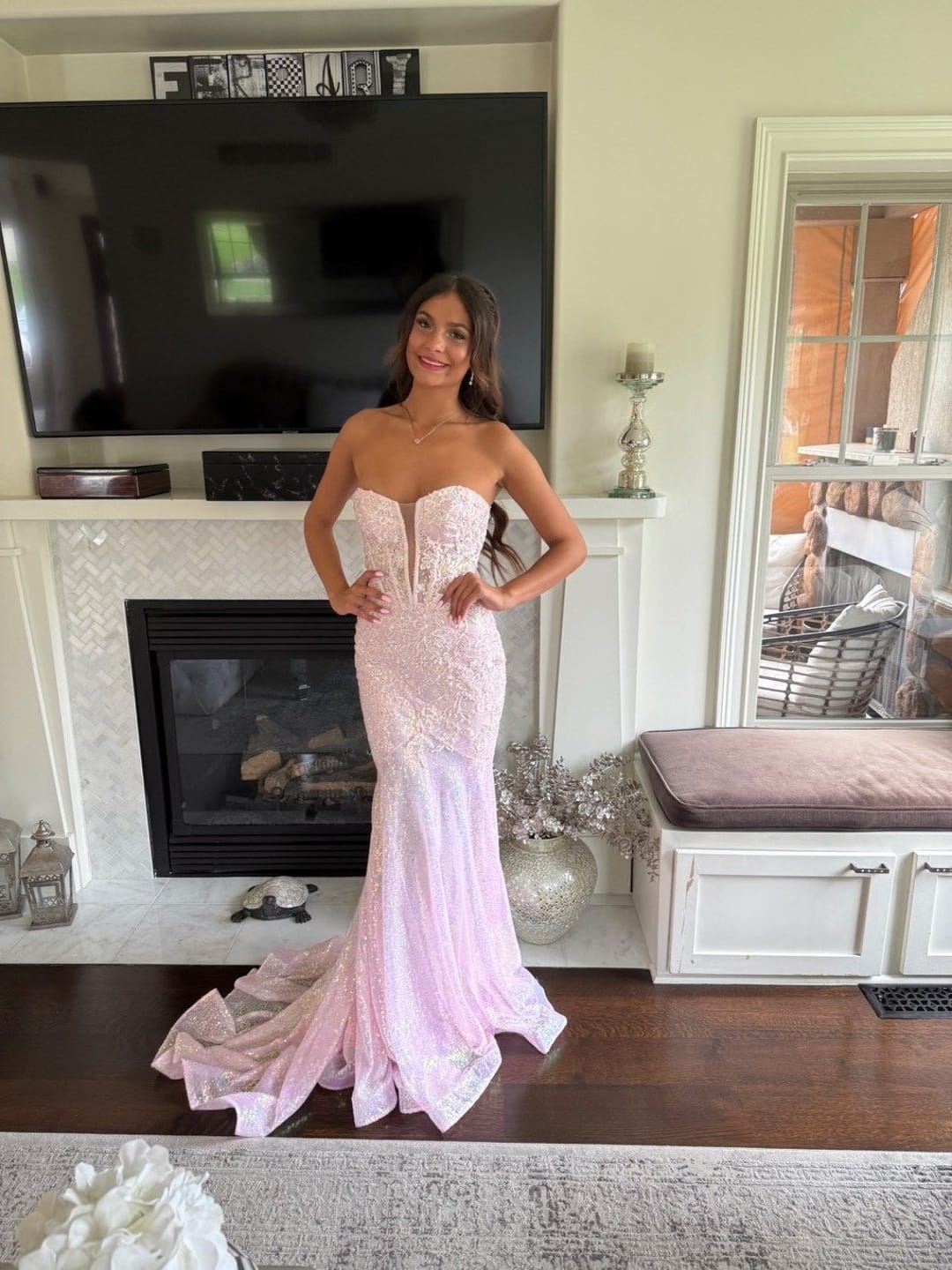 Customer photo review of Nox Anabel D1263 Long Strapless Sequin Mermaid Dress Removable Gloves