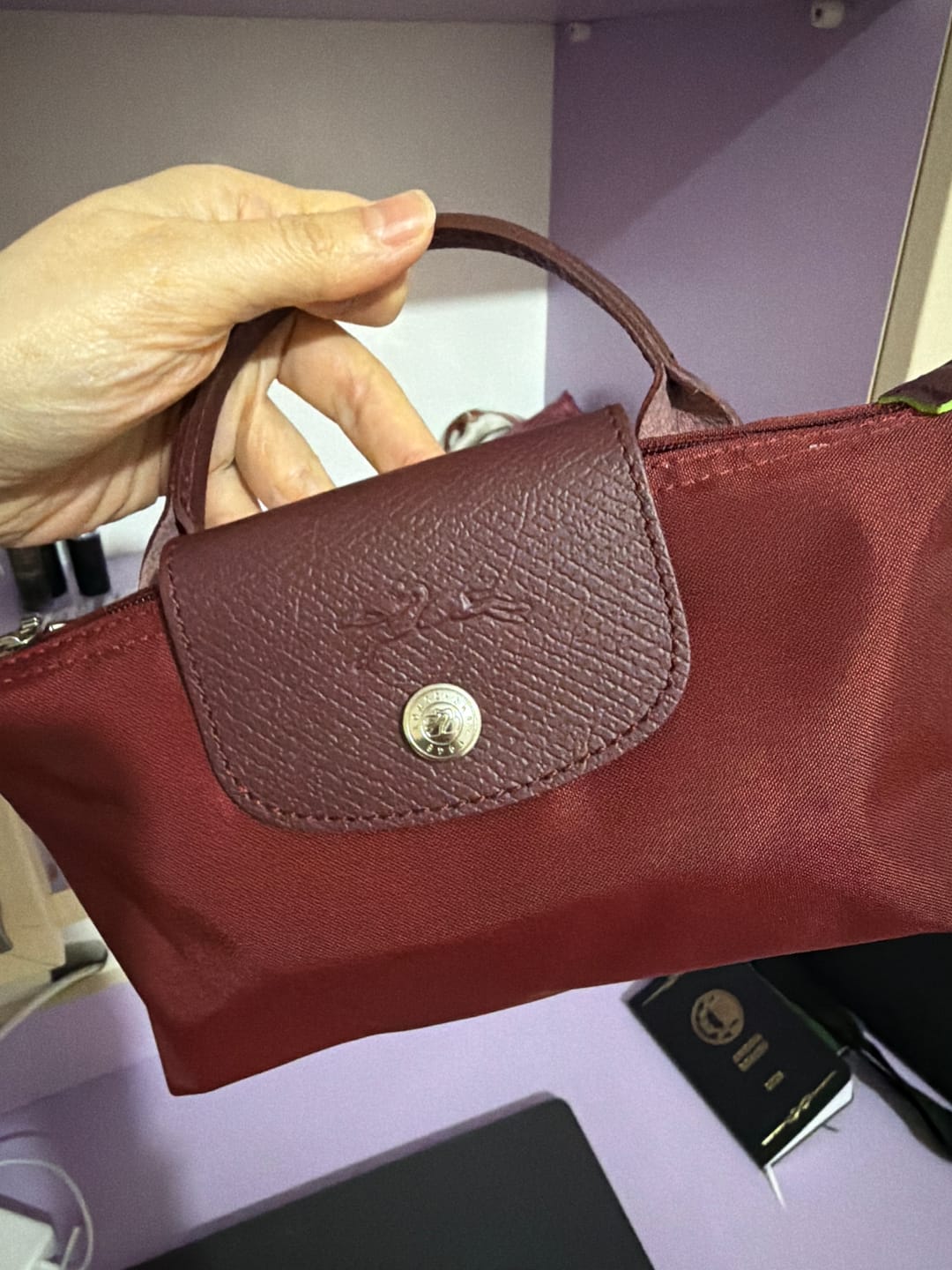 Customer photo review of Longchamp Le Pliage Green Pouch With Handle-Pomegranate