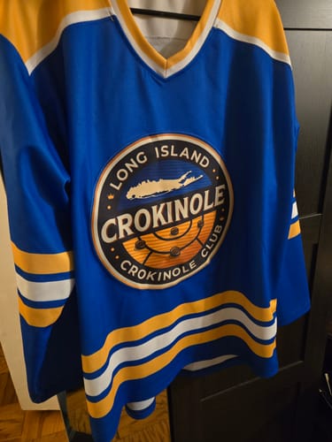 Customer's Custom Royal Gold-White Hockey Jersey featuring the detailed 'Long Island Crokinole Club' patch on the chest.
