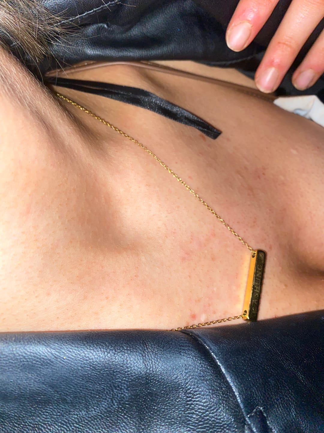 Customer photo review of 3cm Letter Bar Necklace in Gold Horizontal