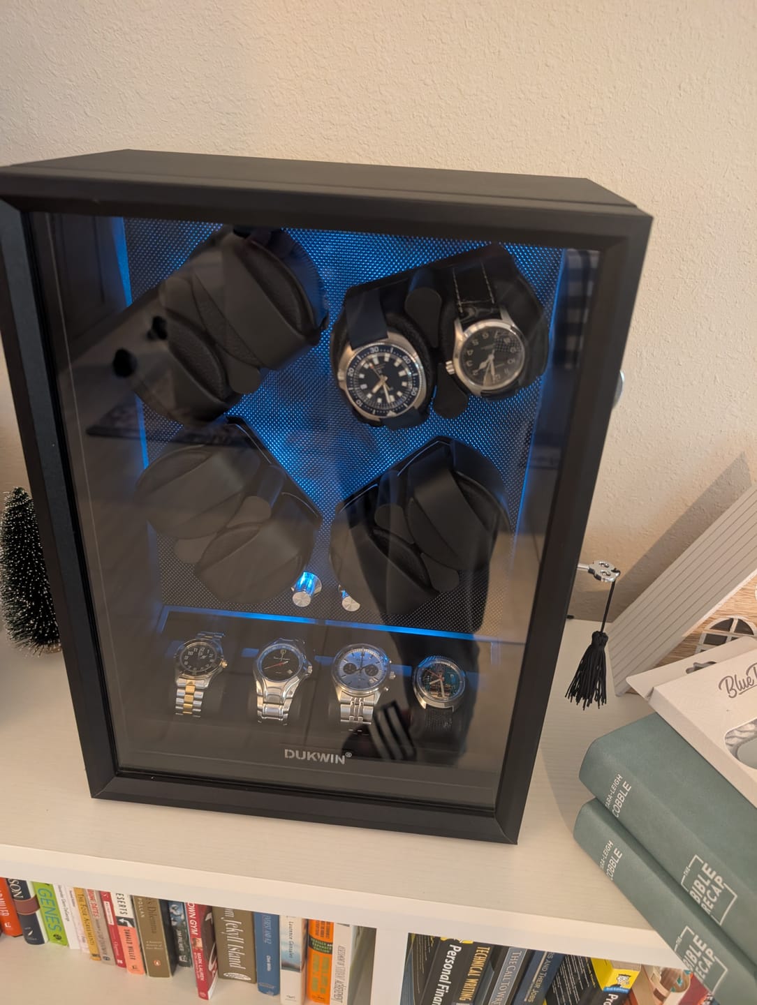 Customer photo review of 8 + 4 Watch Winder with Extra Storages Aurora Blue Light Quiet Motors - Black
