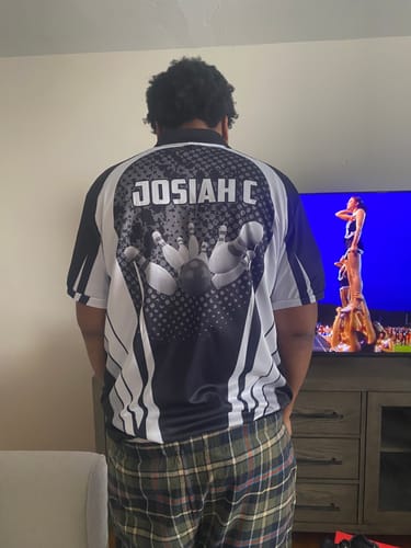 Customer photo review of Men's Bowling short sleeve polo Custom bowling ball and pins black and white team Men Bowlers Jerseys NQS5873